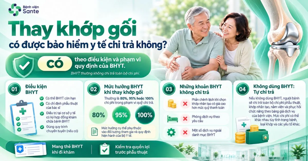 Infographic cơ chế thanh toán BHYT khi thay khớp gối: danh mục quỹ chi trả và các khoản đồng chi trả của người bệnh